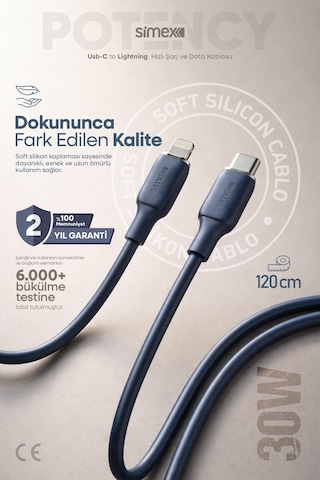 Simex 30w Hızlı Şarj Type-c To Lightning Kablo İphone Uyumlu, Soft Silikon, Dayanıklı, 1.2 M Spk-14