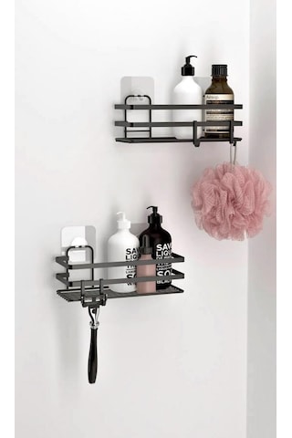 Banyo Düzenleyici Yapışkanlı Metal Banyo Rafı İkili Duş Rafı Organizer Şampuanlık Mat Siyah-gnrl281 Siyah