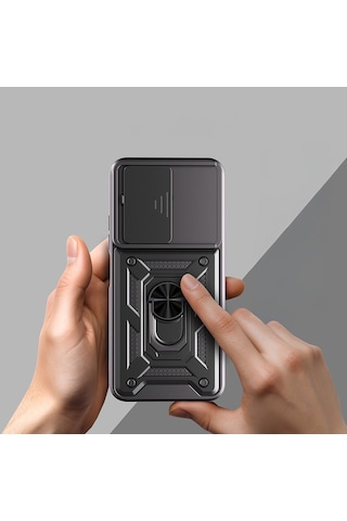 Vendas Xiaomi Redmi 15c Kılıf Magnetik Standlı Kamera Korumalı Zore Sürgülü Vega Kapak Siyah