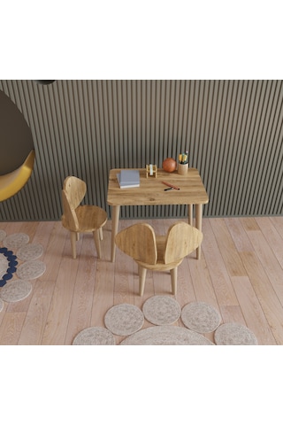 Fahrettin Küçük Montessori Çocuk Masası Oyun Masası Fil Kulaklı Aktivite Masası Çalışma Masası 2 Adet Sandalyeli Açık Çam