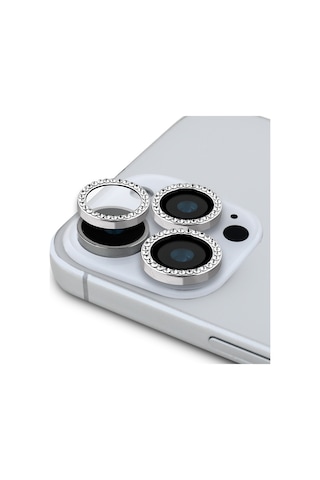 Apple Uyumlu iPhone 16 Pro Guess Lisanslı Rhinestone Taşlı Kamera Lens Koruyucu Gümüş