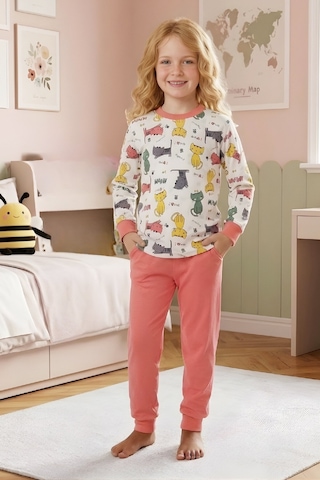 Modanino Kız ÇocukPamuk Pijama Takımı 4-11 Yaş 12628 Somon
