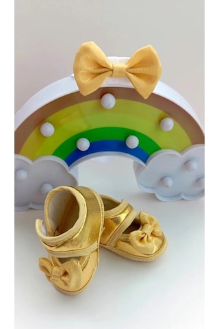 Kız Bebek Dore Altın Rengi Parlak Fiyonklu Patik Ve Bandana Set Altın