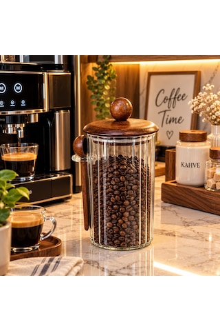 1350 Ml Akasya Kapaklı Kaşıklı Cam Kavanoz Şeffat Cam - Akasya Ahşap Kapak