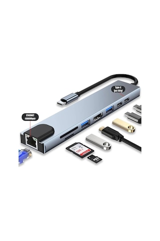 Tablet Usb Dönüştürücü Typ c usb Type Hub 8 in 1 Hdmı Sd Micro Apple Uyumlu MacBook Pro Air