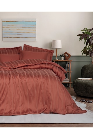 Cotton Box Smart Bambu Saten Çift Kişilik Nevresim Takımı Stripe Kiremit