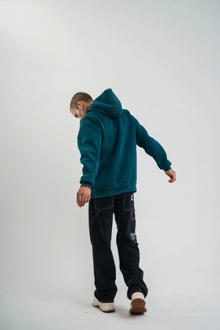 Unisex Uzun Kol Kapşonlu Yıkamalı Nakışlı Sweatshirt - Koyu Deniz Yeşili Koyu Deniz Yeşili