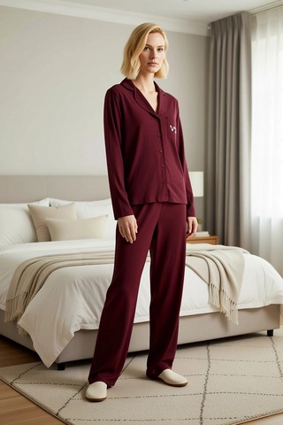 Benerly Kadın Gömlek Yaka Standart Kol Regular Kalıp Pijama Takımı Fonksi bordo