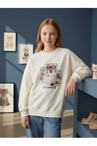 Kız Çocuk Kedi Baskılı Oversize Tasarım Sweatshirt-16487 Ekru