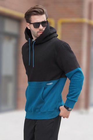 Madmext Siyah Kapüşonlu Renk Bloklu Baskı Detaylı Erkek Sweatshirt 7046 Siyah