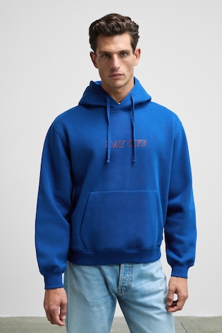 Grımelange BLAISE Erkek Önü Ve Sırtı Baskılı Kapüşonlu Kordonlu Kanguru Cepli Regular Fit Mavi Sweatshirt