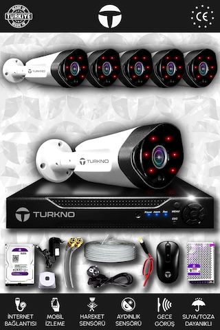 Turkno 6 Kameralı Galia 6 Dış Kamera Set 320 GB HDD Full HD Gece Görüşlü Güvenlik Kamerası Sistemi