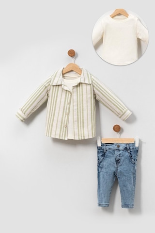 Yumuşak Doku Pamuklu Çizgi Detay Gömlekli Erkek Bebek Takım Yesil
