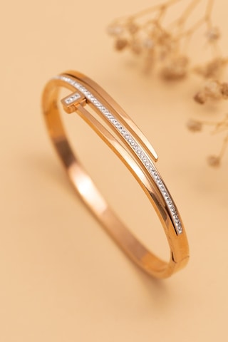 Kadın Çelik Bileklik - Rose Kaplama Kararmaz Taşlı Çivi Model 3 Sıra Kadın Kelepçe