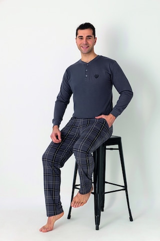 Estiva Erkek Kareli Alt Desenli Füme Uzun Kollu Patlı Penye Pijama Takımı Çok renkli