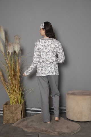 Tekten 0200 Çiçek Desenli Uzun Kollu Kadın Pijama Takımı Gri