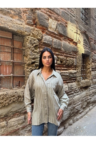 WeShaya Haki Çizgili Oversize Keten Gömlek Haki