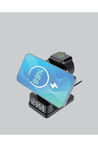 Dijital Saatli Kablosuz Şarj İstasyonu - 3 Ü 1 Arada Apple Uyumlu Hızlı Şarj Ve Led Ekran