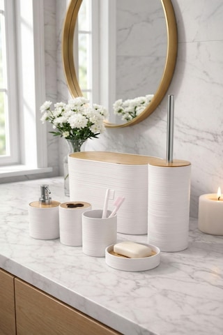 Makri Home 6 Parça Beyaz Banyo Seti, Bambu Detaylı, 8l Çöp Kovası 24x26x16 Cm