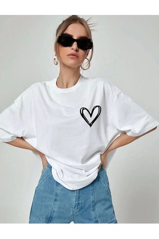 Wear Vexel Kadın Tişort Kalp Baskılı Bisiklet Yaka Kısa Kol T-shirt - Beyaz Beyaz