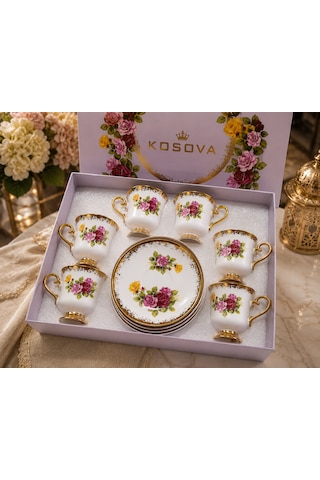 Gold Rose 6 Kişilik Porselen Kahve Fincanı Takımı Altın Yaldızlı Gül Desenli Lüx Sunum Seti Çok Renkli