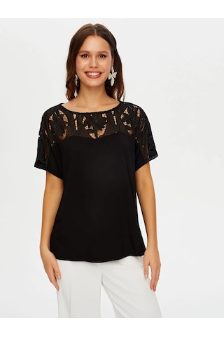 Faik Sönmez Payetli Dantel Garnili Kayık Yaka Kadın Bluz W26blz027 Siyah