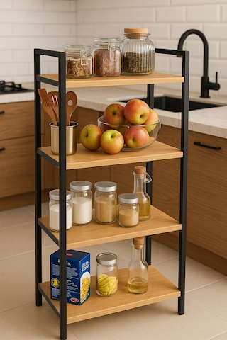 4 Katlı Metal Çerçeveli Ahşap Raf Mutfak & Banyo Düzenleyici Çok Amaçlı Organizer 98x39x22 Cm Kahverengi