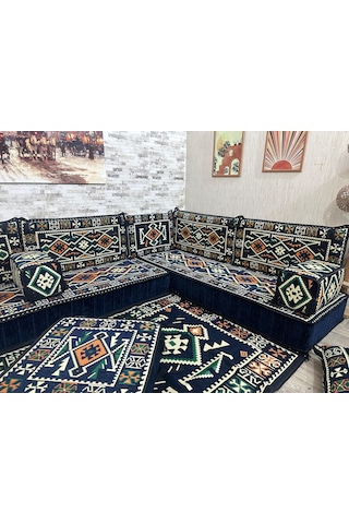 Coton Şark Köşesi Otantik Desenli Lüks Minder Takımı Konsept Lacivert