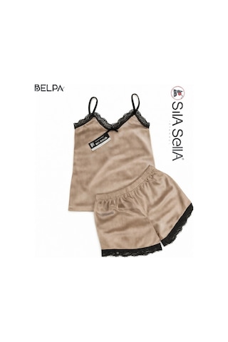 Belpa Sıla Sella Kadife Dantel Detaylı Şortlu Takım Bej