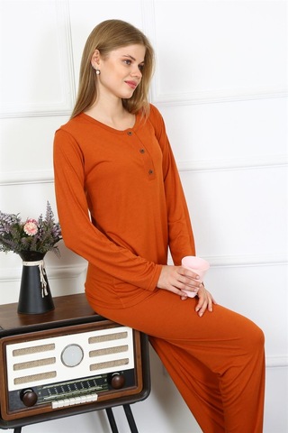 Akbeniz Kadın Penye Uzun Kol Patlı Pijama Takım 4168 - L Kiremit