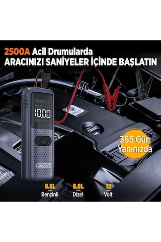 Groove Hcb002 22000mAh 2500A Akü Takviye Cihazı + Lastik Şişirme Kompresörlü Taşınabilir Jump Starter Kompresör+Powerbank+led Lamba+Lcd Ekran