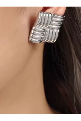 Vintage Kare Doku Geometrik Çelik Küpe Gümüş