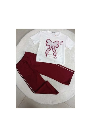 Bubiee Baby Kız Çocuk Tasarım Fiyonk Baskılı İncili Tişört Ve Bordo Şeritli Alt İkili Takım