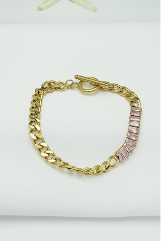 Altın Kaplama Seri Kararmaz Pembe Baget Taşlı Künye Zincir Gold