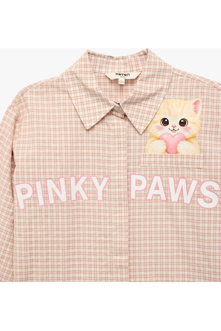 Koton Kedi Baskılı Uzun Kollu Pamuklu Oversize Pötikare Gömlek Pembe Ekose 7wkg60031aw