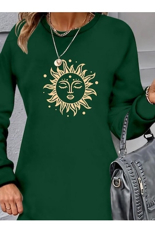 Kadın Uzun Kollu Bisiklet Yaka Güneş Desenli Viskon Iki Iplik Elbise Yeşil