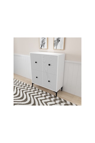 Ece 90 Cm , Lazer Desenli 4kapaklı 4 Raflı Ayakkabılık, Çok Amaçlı Dolap, Banyo Dolabı Beyaz Beyaz