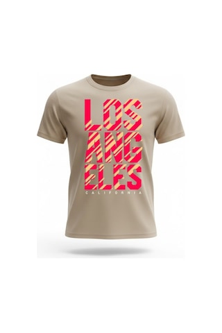 Urbantrendstore Unisex Los Angeles Yazılı Oversize Fit Rahat Geniş Salaş T-shirt Günlük Tişört Bej