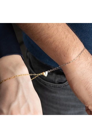 Vaoov 925 Ayar Gümüş Kalp Mıknatıslı Çift Bilekliği Altın - Gümüş