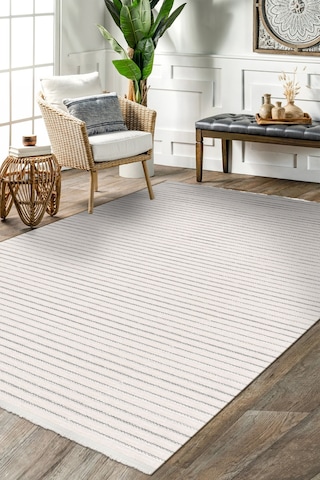 Lidya Beyaz Pamuk Dokuma Yumuşak Halı Kaymaz Tabanlı, Yıkanabilen Modern Tasarımlı Kilim Beyaz
