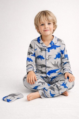 Beka Kids Desenli Uzun Kollu Önden Düğmeli Gömlek Yaka Erkek Çocuk Pijama Takımı Ve Göz Bandı Gri