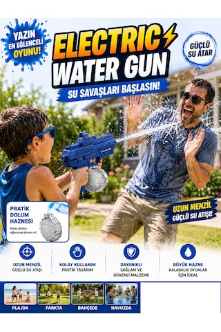 Elektrikli Otomatik Atış Yapan Su Tabancası Oyuncak Su Atan Depolu Hazneli Su Silahı Yaz Bahçe Havuz Oyuncağı Mavi