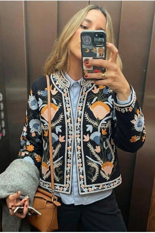 Femelle Kadın Siyah Bohem Kanaviçe Nakış İşlemeli Ceket