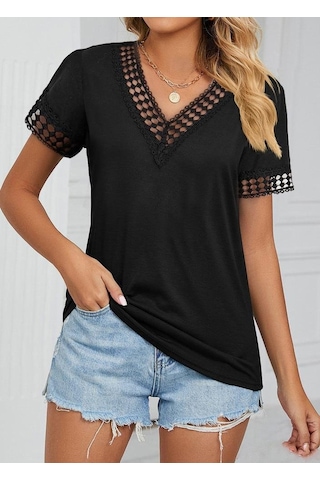 The İstanbul Kadın Kısa Kollu V Yaka Dantel Yakalı Viskon Bluz Siyah