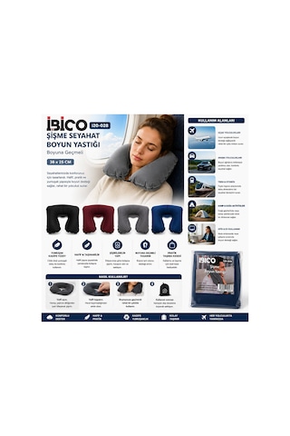 İbico İ20-028 Şişme Seyahat Boyun Yastığı 38x25 Cm - Renkli Boyuna Geçmeli- 20'li Paket Diğer