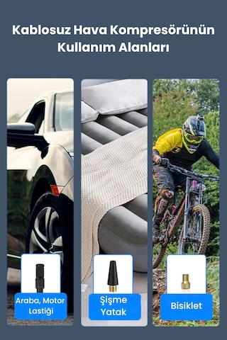 Hava Kompresörü 4000 Mah 4ın1 Şarjlı+araç Taşınabilir Araç Lastik Top Şişirme Pompası Oto Siyah