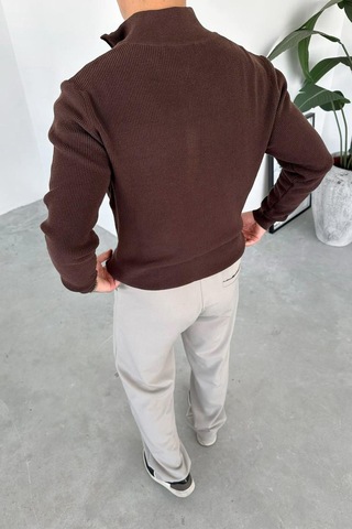 Kahverengi Basic Fitilli Yarım Fermuarlı Relaxed Kazak Kahverengi