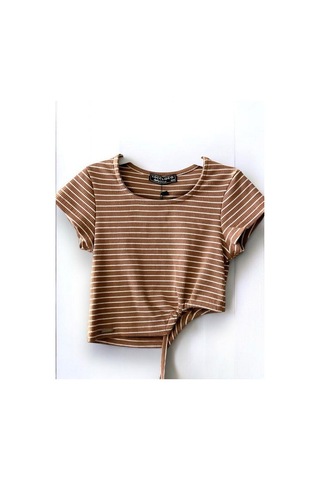 Zekids Kız Çocuk Çizgili Yandan Biyeli Crop Bluz-14471 Vizon