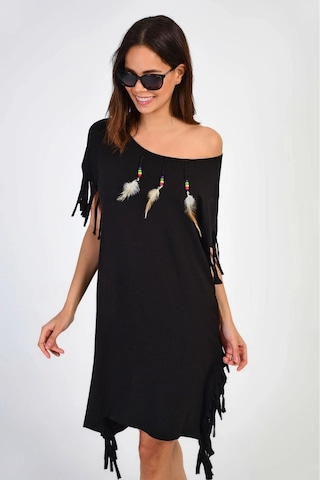 Aqe Fashion Kadın Geniş Yaka Kuş Tüyü Desenli Paça Püsküllü Siyah Elbise Siyah