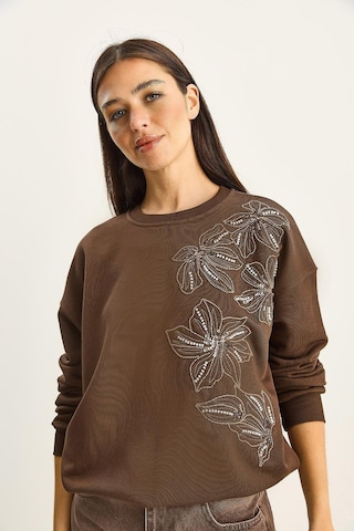 Shade Kadın Bisiklet Yaka Çiçek Boncuk İşlemeli Relaxed Sweatshirt 1572 60283809 - Kahverengi